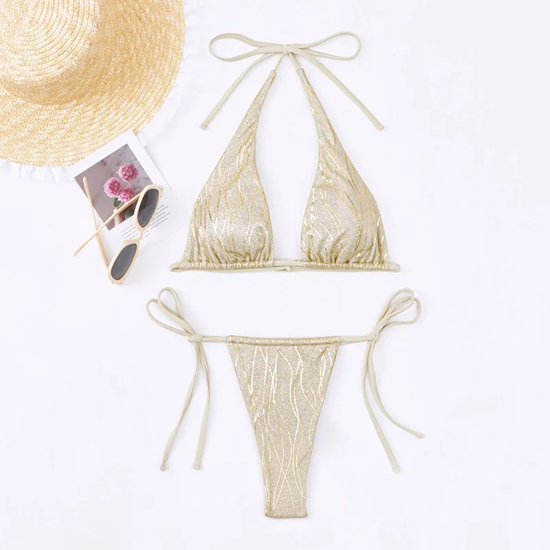 

Fashion Swimsuit Women Micro Bikini Shiny Triangle Halter G-string Split Bathing Suit Bikini Set 2025 New Beach Party Swimwear