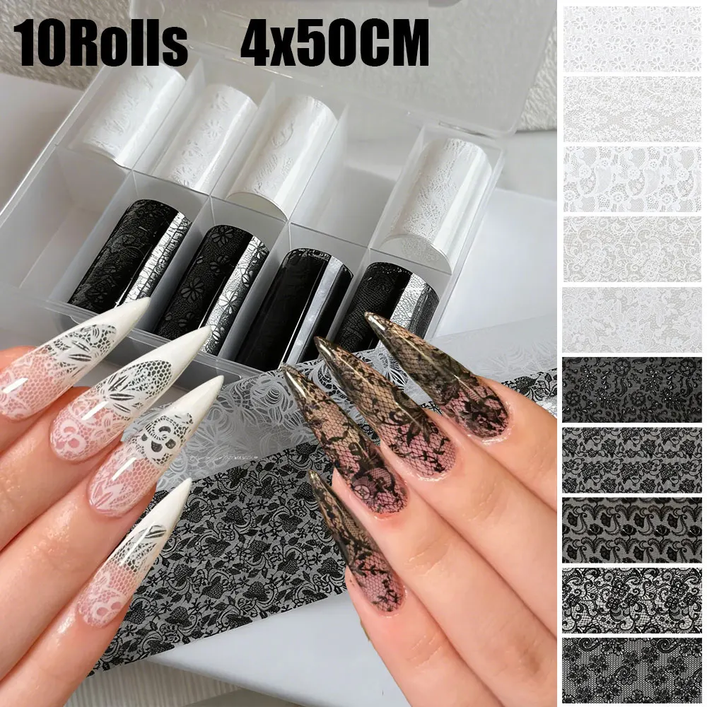 

10Rolls/Box Black White Lace Nail Transfer Foil Stickers 4x50CM Lace Nail Tranfer Decals Starry Sky Paper Nail DIY Decorations