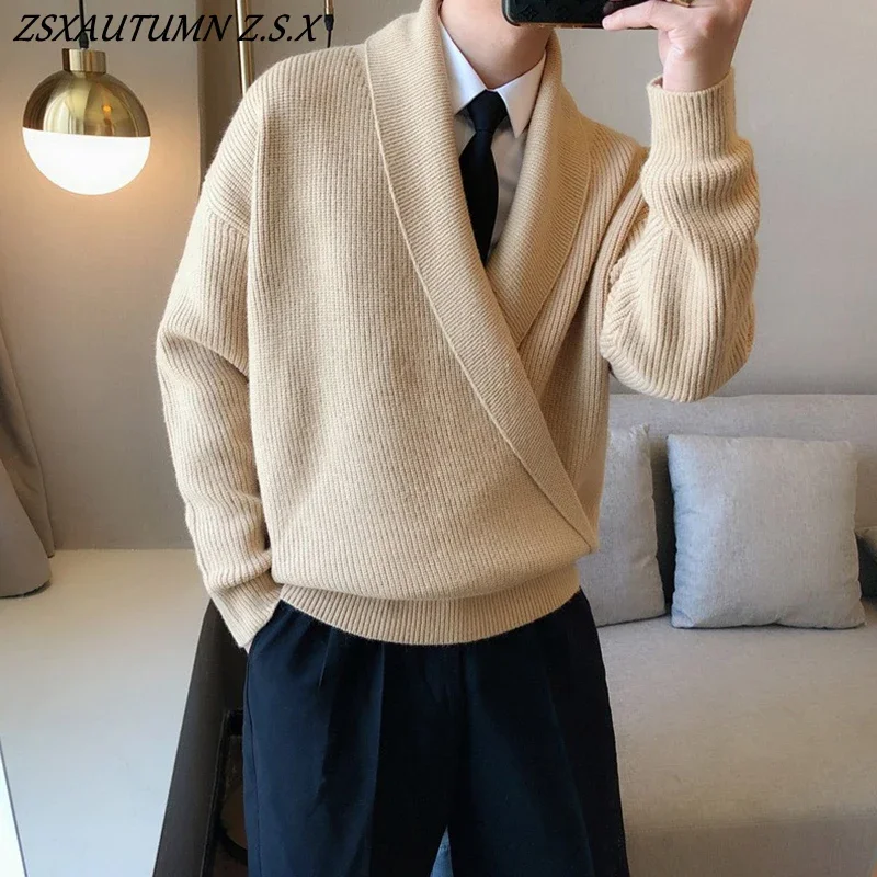 2023 Knitted Light Luxury Pullovers Sweater Men Casual Vintage V Neck Knit Tops Streetwear Loose Stylish Autumn Winter Fashion