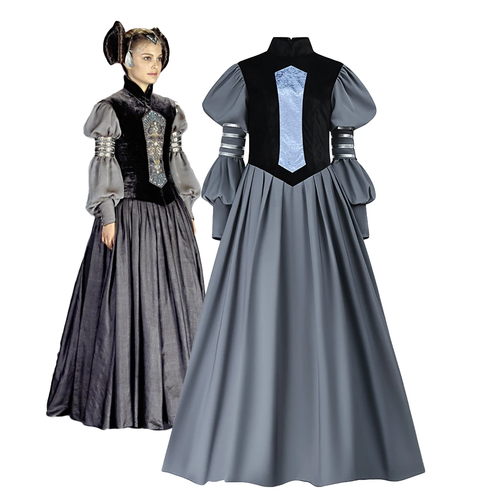 

Halloween Carnival Girl Padme Cosplay Gray Medieval Lantern-sleeved Dress Costume Dresses Halloween Women Uniform Outfits