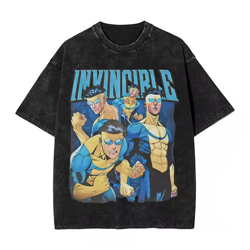 2026 Invincible Animation Mark Washed Vintage T-Shirt Loose Fit Men's and Women's Trendy Printed Couple Short Sleeve Shirt