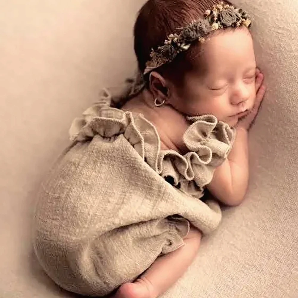 Newborn Photography Ruffle Romper Khaki Linen Baby Photo Shoot Outfit Soft Newborn Photo Prop Newborn Photography Clothes