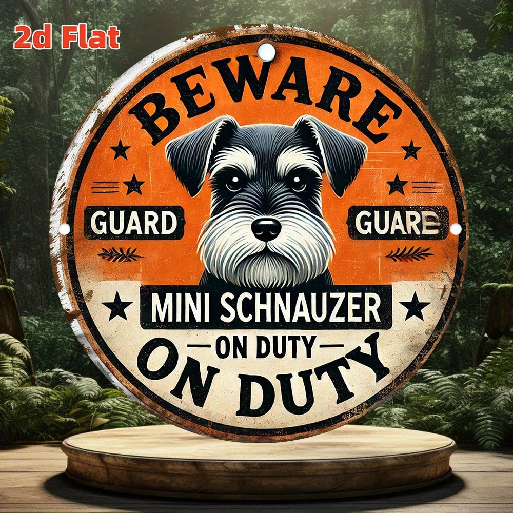 2D Flat, 1pc Vintage Funny Guard Dog Metal Sign - BEWARE Guard Decoration with Miniature Schnauzer, Waterproof &  20x20cm
