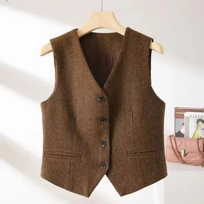Autumn and Winter British Retro Style Equestrian Vest Women's New Outfit Versatile Western Style Coffee Color Herringbone Patter