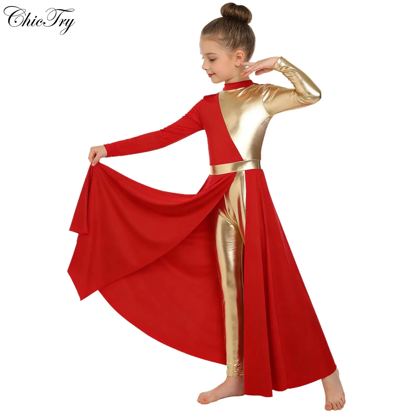 

Kids Girls Worship Church Choir Costume Metallic Color Block Long Sleeve Ankle Length Praise Dance Split Dress with Leggings