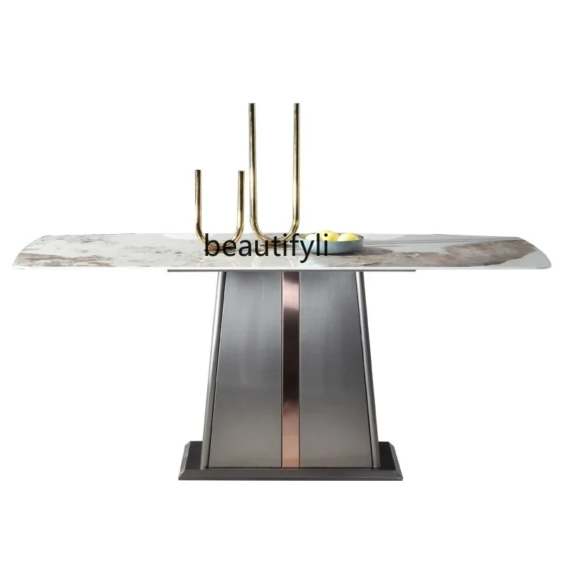 A8076  Pandora Stone Plate Dining Tables and Chairs Set Italian Minimalist Light Luxury Modern Glossy Rectangular Table furnitur