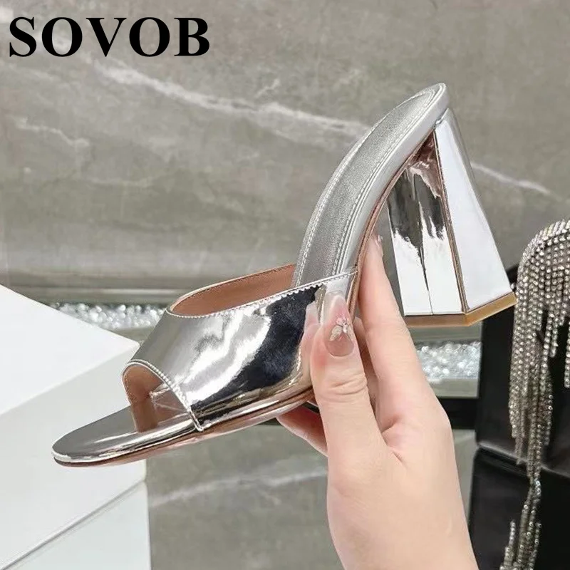 

New Summer Patent Leather Square Heel Slippers Women Solid Color Fashionable Minimalist Roman Slippers Party Banquet Shoes