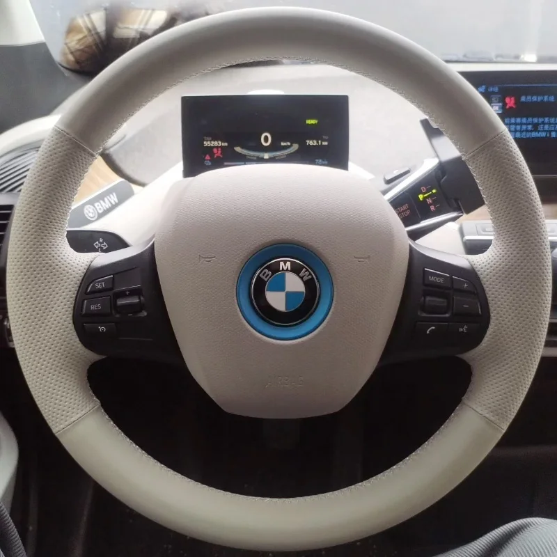 Hand Stitched Black Suede Leather Car Steering Wheel Cover for Bmw i3 2013-2021 Braid Full Coverage Interior