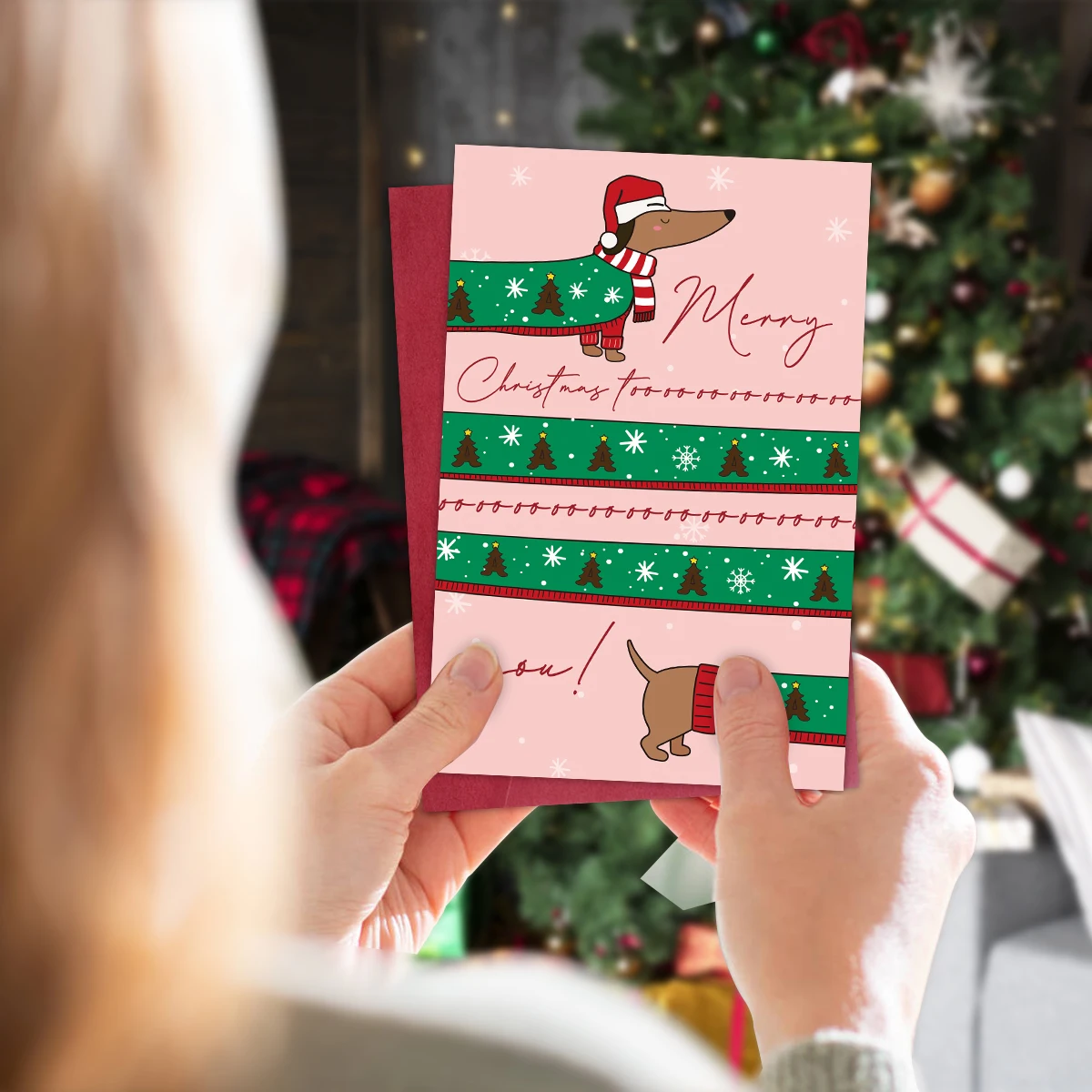 1 Stück, niedliche Weihnachtskarte mit einem langen Würstchenhund-Motiv, mit der Botschaft „Frohe Weihnachten für Sie“, ein Geschenk für Familie und Freunde, ideal für den „Secret Santa“-Austausch. – Detail 6