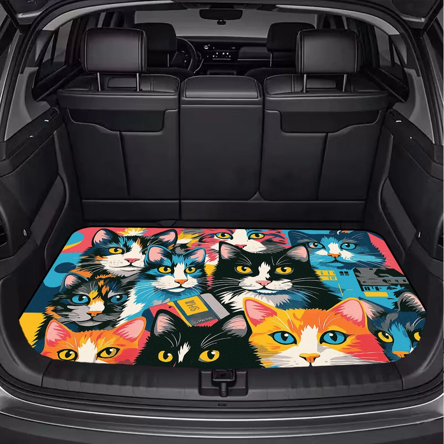 1pc Cute Cat Style Car Trunk Mat, Multicolor Printed Pattern, Essential For Travel, Universal Fit For Various Car Models, Interi