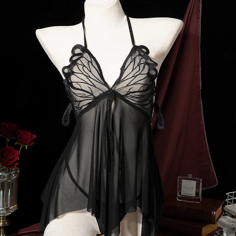 

Mesh Suspender Straps Nightdress Set Butterfly Pajamas Set V-Neck Hanging Sexy Nightdress with T-back Briefs
