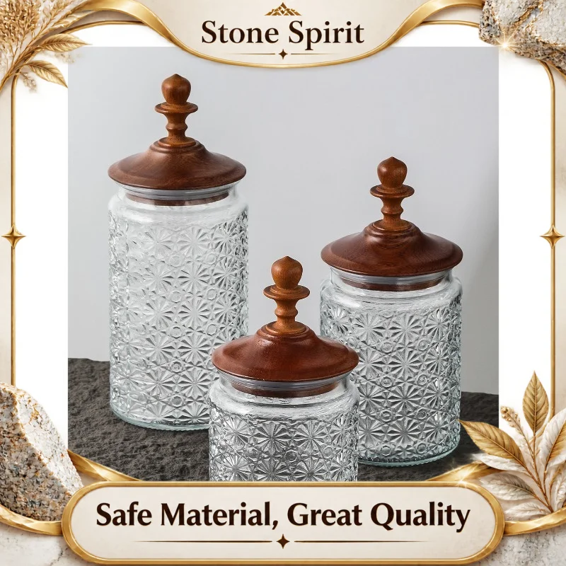 French Vintage Glass Storage Jar with Wooden Lid, Large Capacity 24cm Airtight Container for Tea ,Pantry Organization Decoration