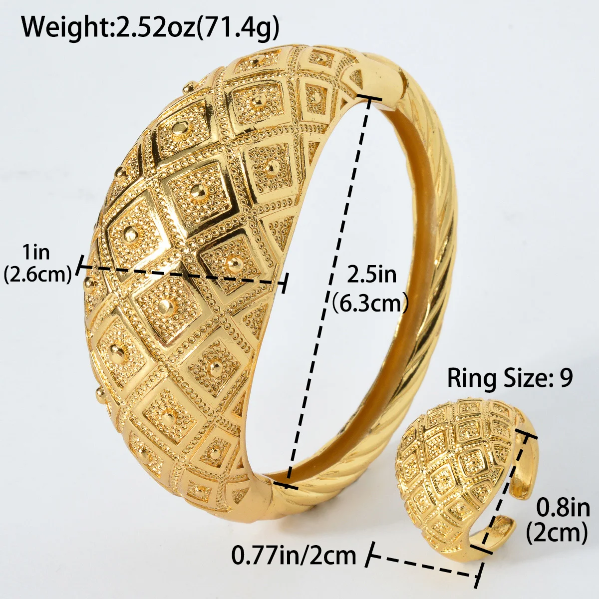 Dubai 18K Gold Plated Bangle Rings For Wedding Party Jewelry Gifts 2 PCS Set Luxury Geometry Copper Bracelet On Hand