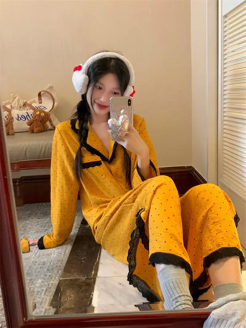 

Korean Sle Women's Long Sve Polka Dot Nightgown Cotton Gown with Lace Wide Leg Pants Spring Autumn Pure Cotton Collar Ho...