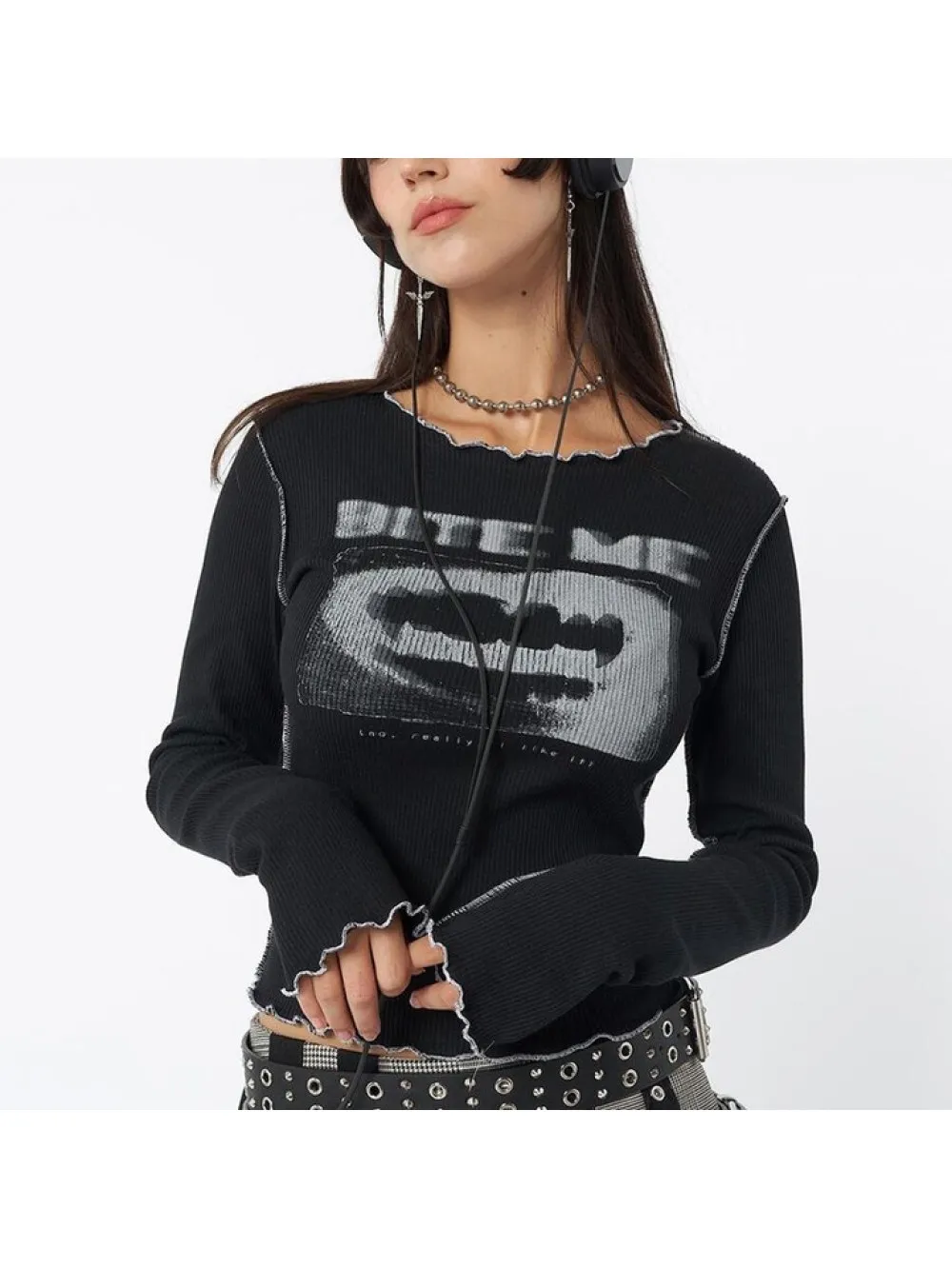 Gothic E-Girl Hip-Hop Langarm-T-Shirt, Europäisch-Amerikanischer High-Street-Stil mit Farbblock-Design und Spaßmuster, Personalisiertes Oberteil