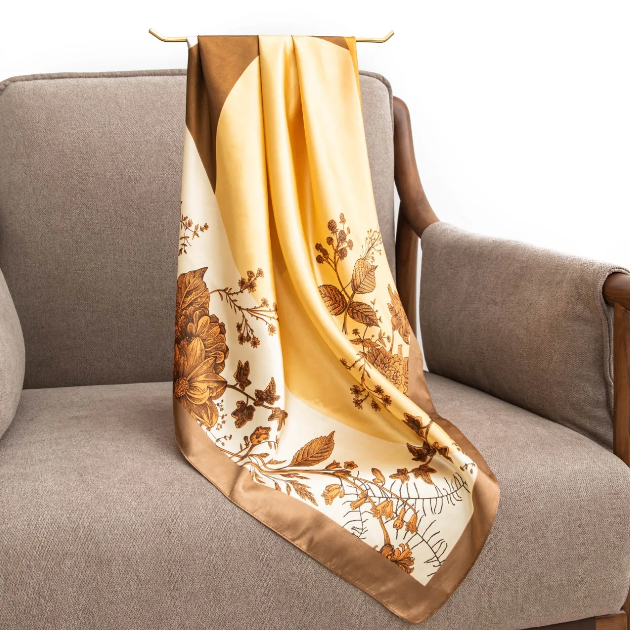 Spring and Summer New Silk Scarf Square Scarf Atmosphere Simulation Silk Fashion Printed Scarf Women's Yellow Bag Scarf