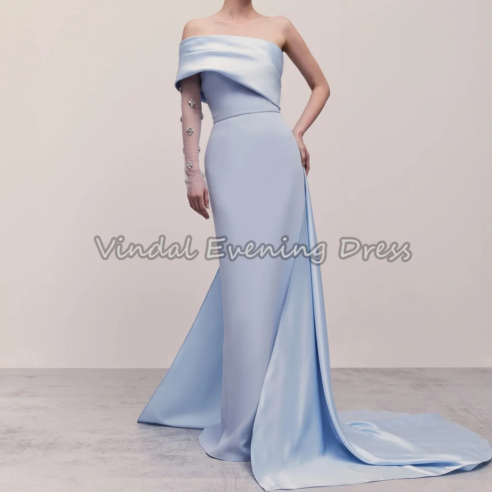 

Vindal Crepe Mermaid One-shoulder Neckline Draped Floor Length Simple Saudi Evening Party Dresses For Women 2025 With Lace