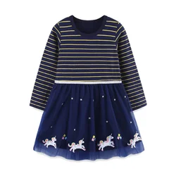 Jumping Meters Hot Sell Children's Cotton Princess Dress Unicorn Embroidery School Girls Fashion Clothes Hot Toddler Costume
