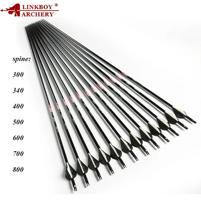 

12pcs Linkboy Archery Pure Carbon Arrows Spine 250-800 ID6.2mm 30'' / 32' for Compound Recurve Bow Shooting Hunting