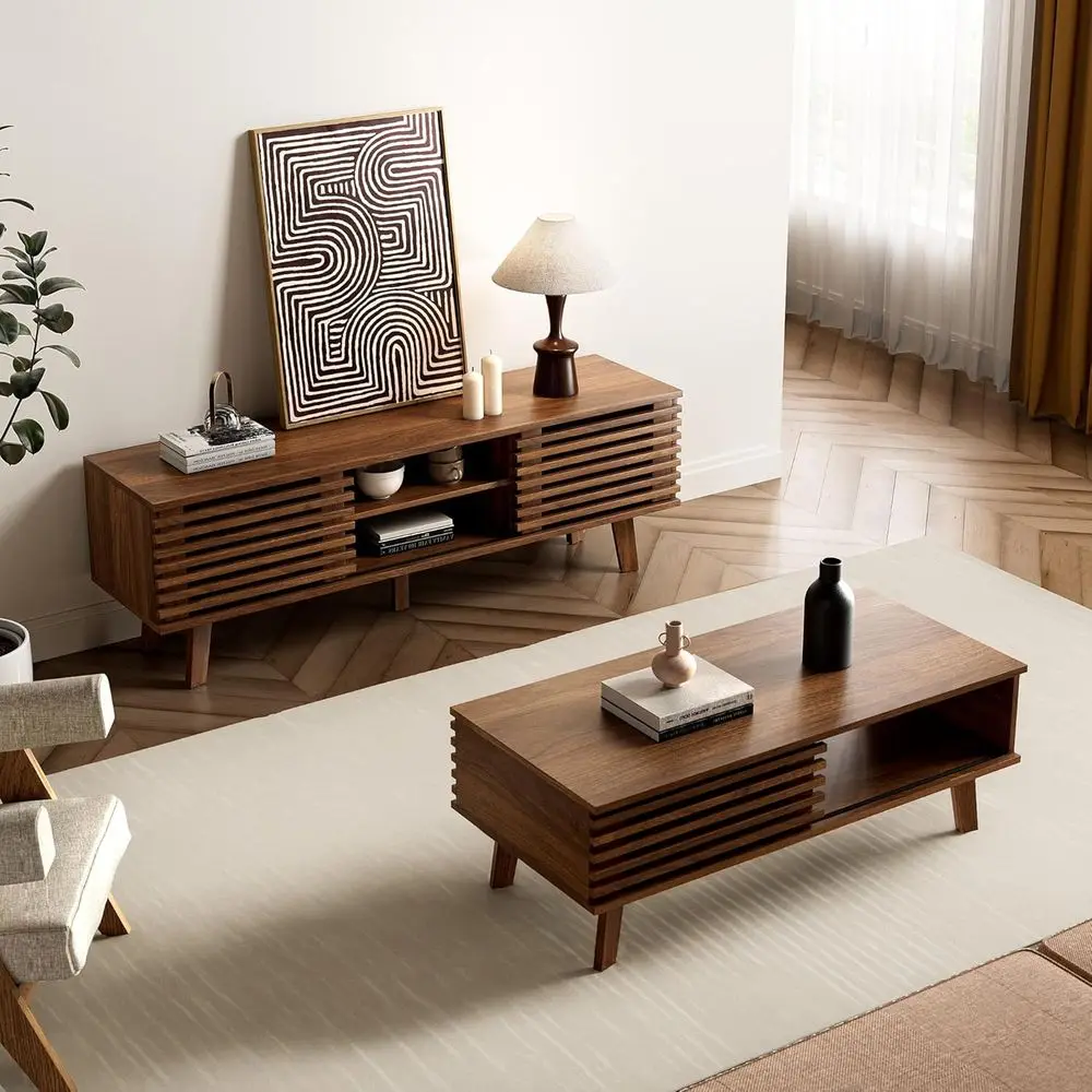 

Mid-Century 2-Piece Living Room Set: Coffee Table with Storage and Walnut TV Stand