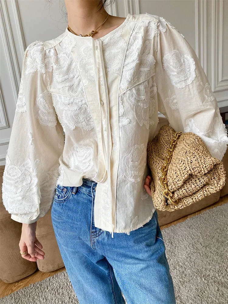 GypsyLady Elegant Chic Floral Embroidery Shirt Blouse Beige Cotton Autumn Spring Long Lantern Sleeve Women Holiday Ladies Tops