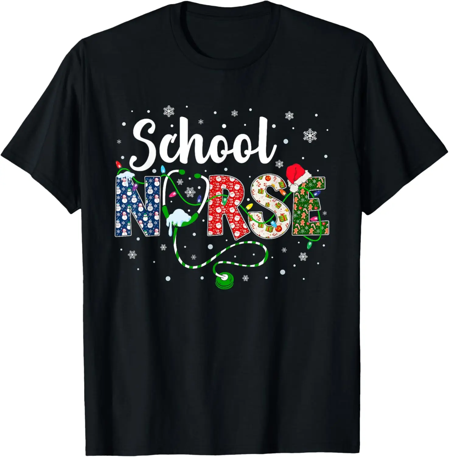 

School Nurse Xmas Santa Hat Funny Nurse Christmas Pattern T-Shirt
