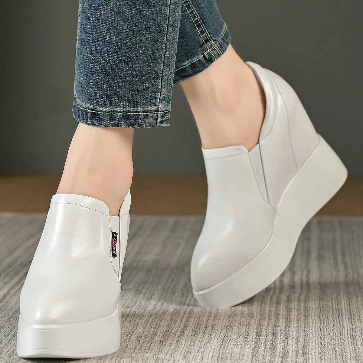 Wedges Pumps Shoes Women Slip On Genuine Leather High Heel Platform Ankle Boots Female Pointed Toe Fashion Sneakers Casual Shoes