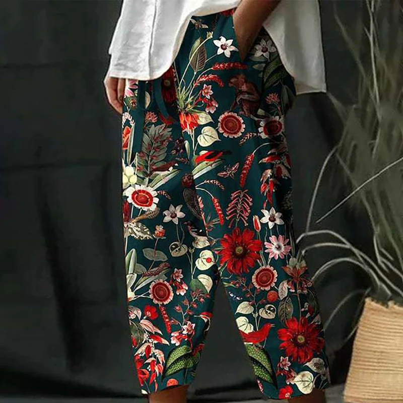 Ethnic Retro Print Women Mid-waist Ankle Length Pant Summer Cotton Linen Pocket Straight Trousers Lady Casual Drawstring Overall