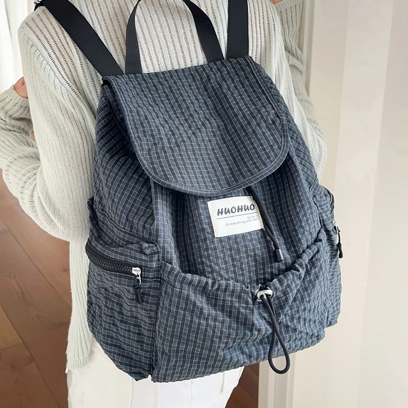 Korean Plaid Simple Drawstring Backpack Casual Large Capacity Student Schoolbag Multi-pocket Lightweight Nylon Travel Backpack