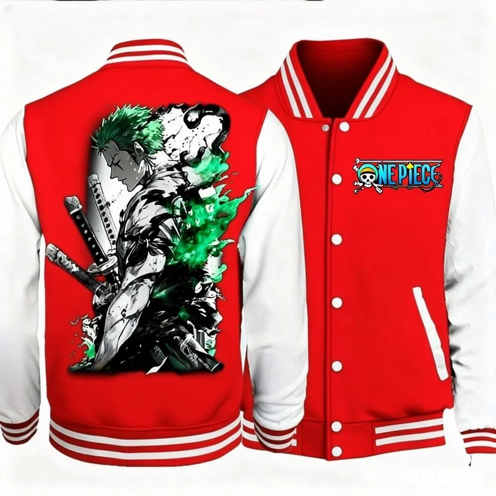 One Piece Roronoa Zoro Baseball Jacket Green Haired Swordsman Back Print Three Katanas Black Bandana Front Chest Logo