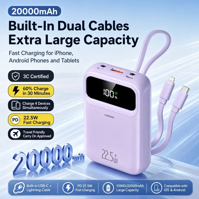 2027 New 20000mAh Power Bank 22.5W Fast Charging Built In Retractable Cable USB C Lightning for iPhone Xiaomi Poco