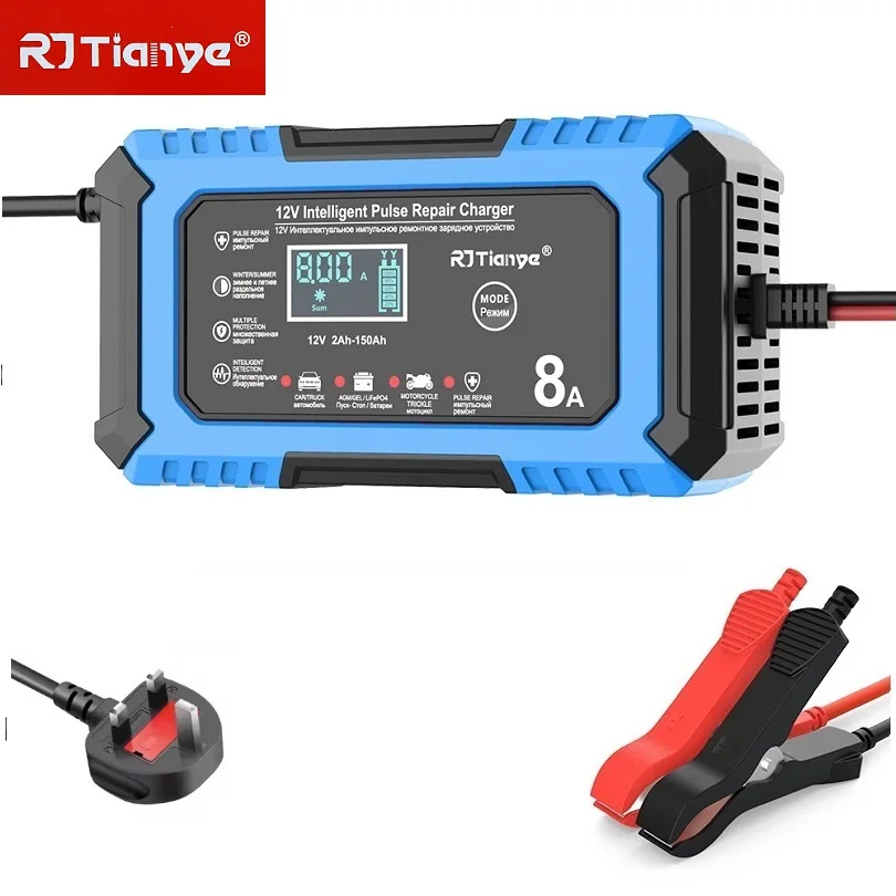 Carregador de bateria de carro com tomada UK 12V 8A Dispositivo de carregamento de bateria de carro e motocicleta Bateria de chumbo-ácido Reparação inteligente Display LCD
