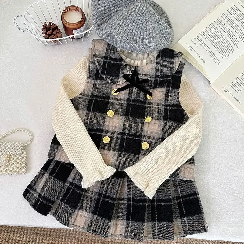 Girls JK Set Autumn And Winter New Style Children's Bow Collar Checkered Vest pleated Skirt College Style Two-piece Set 2026 New