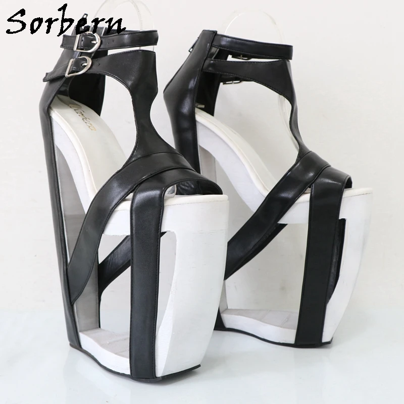 Sorbern 25cm Black Hollow Out Wedge Heel Sandals Ankle Strap T-strap Summer Shoes Fretwok Heels Sissy Boy Evening Party Footwear