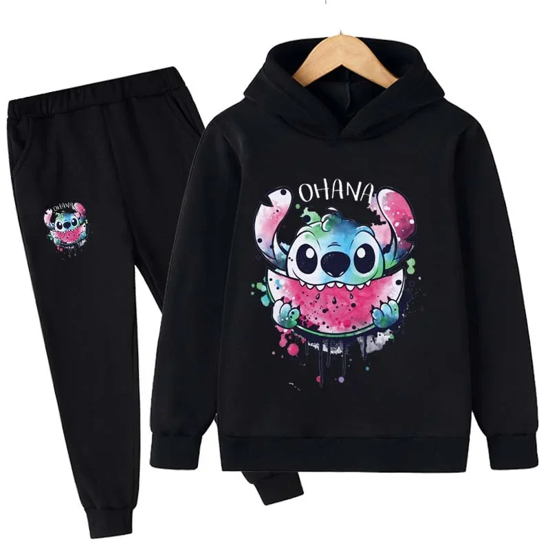 Dziecięca bluza z kapturem Disney Cartoon Print Stitch chłopięca koszulka sportowa wysokiej jakości miękkie topy zestawy z dziewczęcymi spodniami na