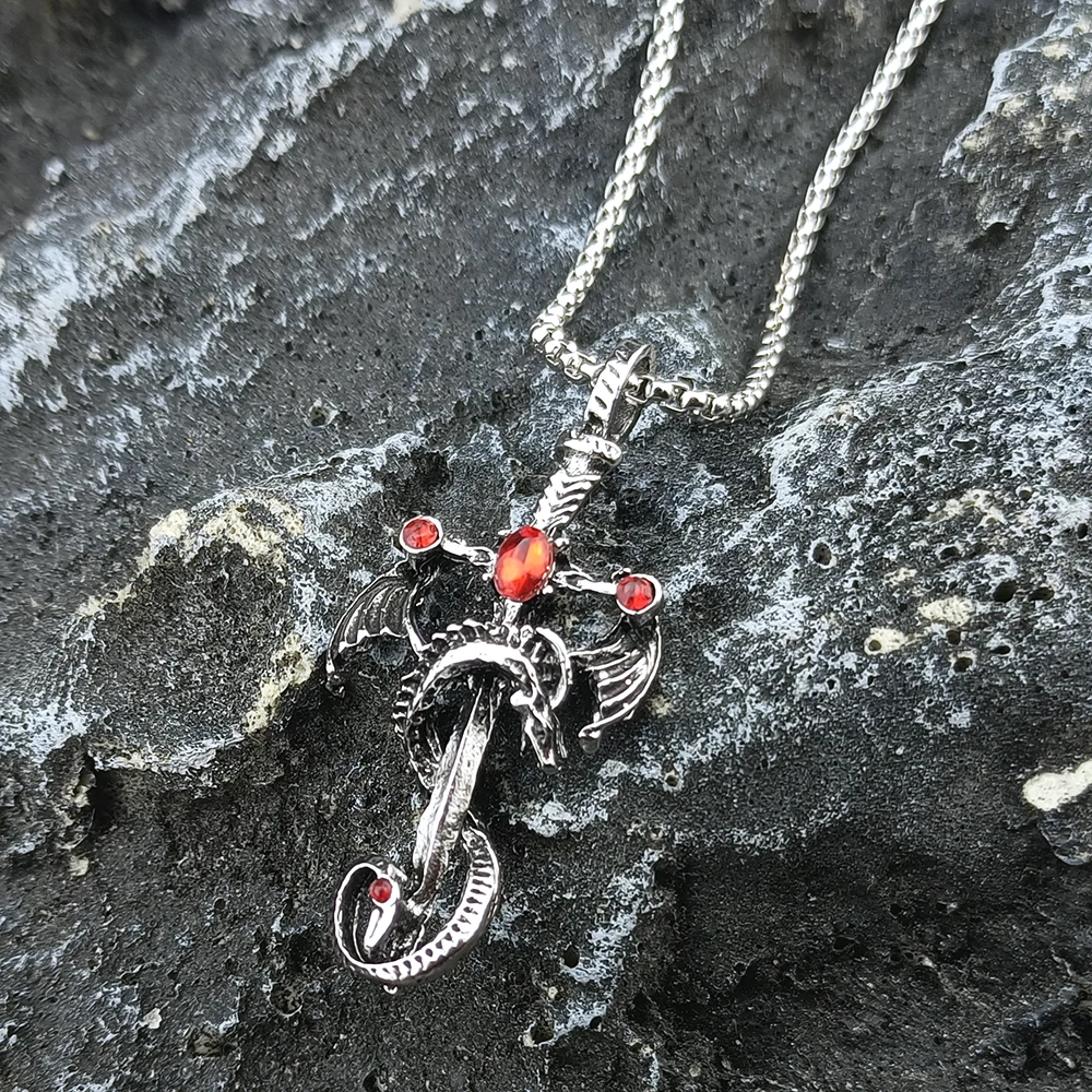 Vintage Dragon Sword Pendant Necklace, Gothic Winged Dragon Cross Sword Necklace With Imitation Gemstone Men Punk Amulet Jewelry view 6