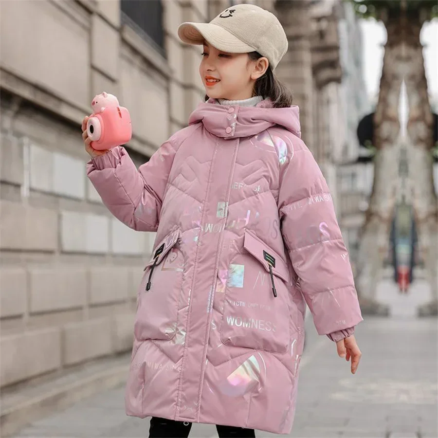 Winter Down Cotton Jacket For Girls Thick Plus Velvet Warm Parka Padded Cold Hooded Coats Kids Snowsuit Outerwear