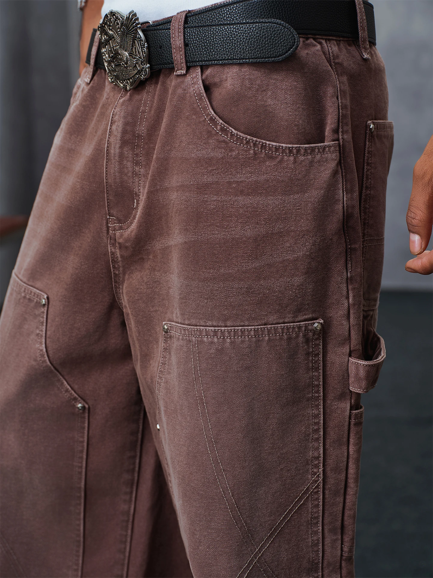 STK SmallTownKid Vintage Washed Loose Fit Double Knee Arc Split Logging Jeans Cotton 100% mid Waist Button Closure