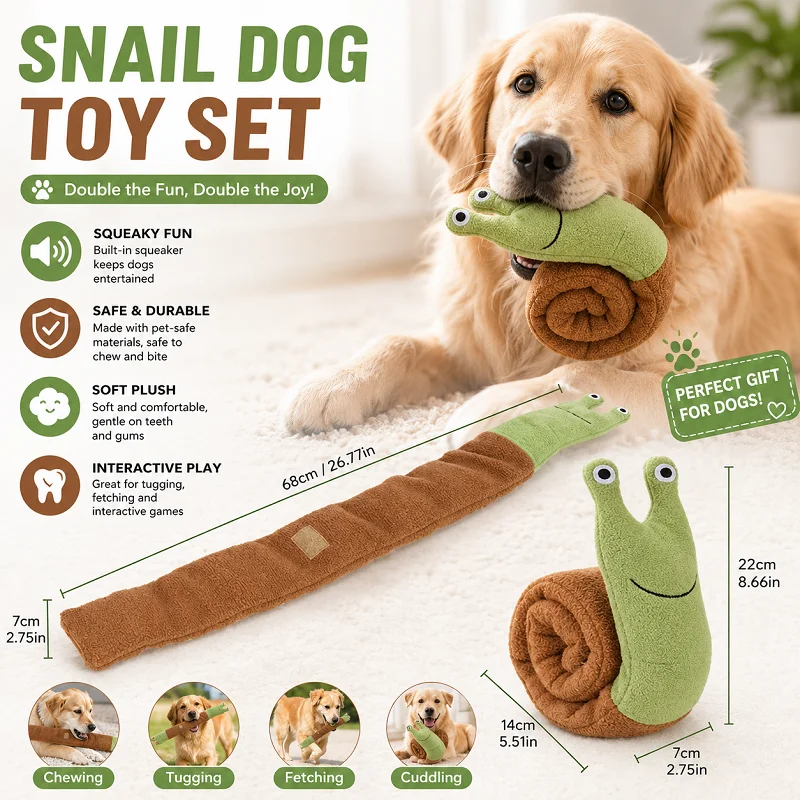 Pet Feeders - ของเล่นสุนัขตุ๊กตานิ่มรูปหอยทากมีเสียง ของเล่นเสริมปฏิสัมพันธ์ ปล่อยขนมได้ ช่วยฝึกสมอง ทำความสะอาดฟัน กระตุ้นการกัดเล่น