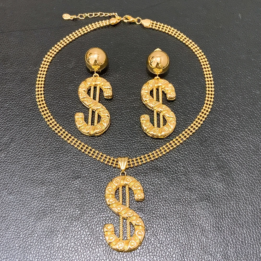 Trendy Dollar Sign Jewelry Set Gold Plated Embossed S Symbol Pendant Necklace Drop Earrings for Ladies Club Accessories HK1329