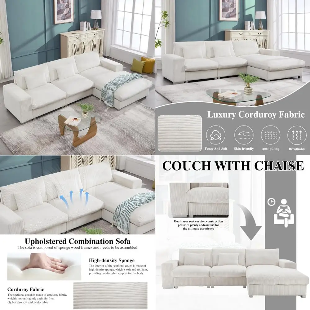 Современный Глубокий секционный диван L-образной формы, вельветовый диван 113/дюймовый с шезлонгом для комфорта гостиной