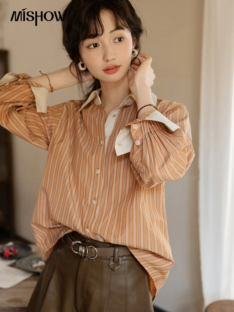 MISHOW Loose Striped Shirt for Women Autumn 2024 Contrasting Lapel Top Single Breasted Patchwork Shirts Office Lady MXD41C0286