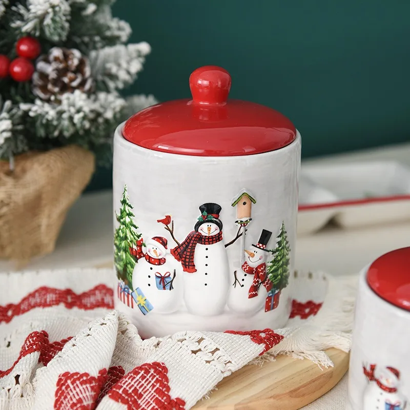 Christmas Snowman Porcelain Food Container,Large Round Sealed Jar,Ceramic Snack Cookies Storage Organizer,Creative Kitchen Crock