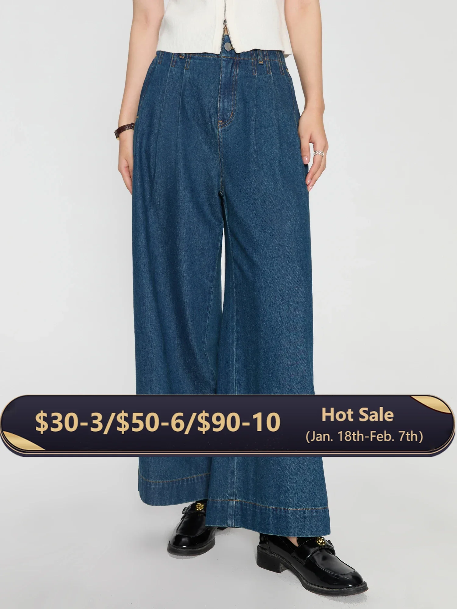 DUSHU Female Jeans Women Wide Leg Trousers High Waist Pleated Design Office Lady Autumn Full Length Denim Blue Pant 24DS83095