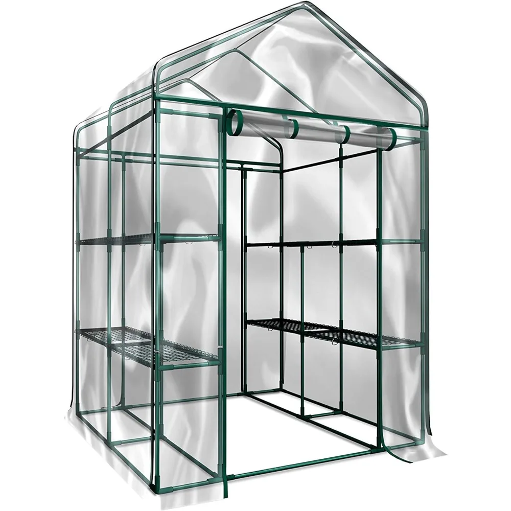 

Greenhouse - Walk in Greenhouse with 8 Sturdy Shelves and PVC Cover for Indoor or Outdoor Use - 56 x 56 x 76-Inch Green House