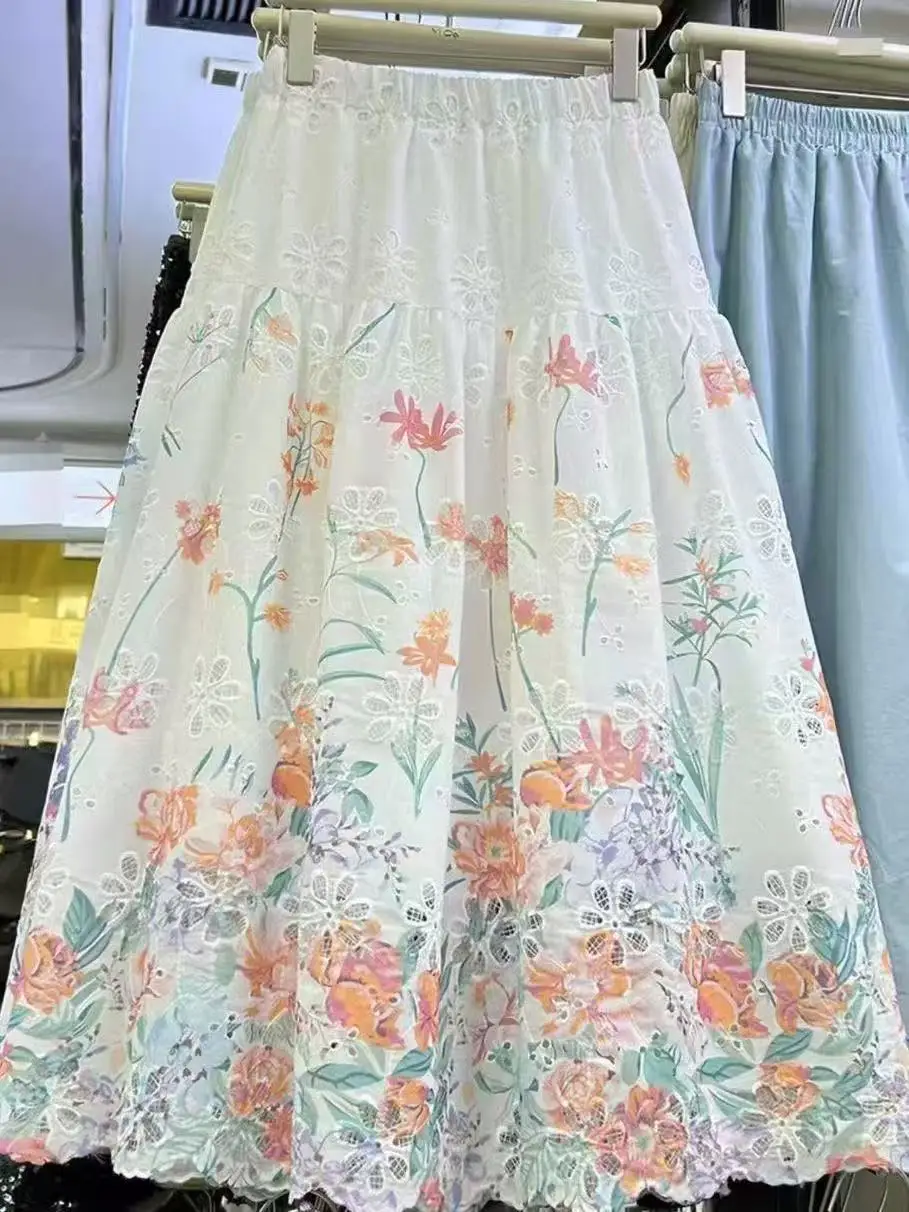 

2026 Summer New Fashionable Floral Embroidery Half Skirt Women's High Waist Versatile A-line Casual Midi Skirt Office Lady Skirt