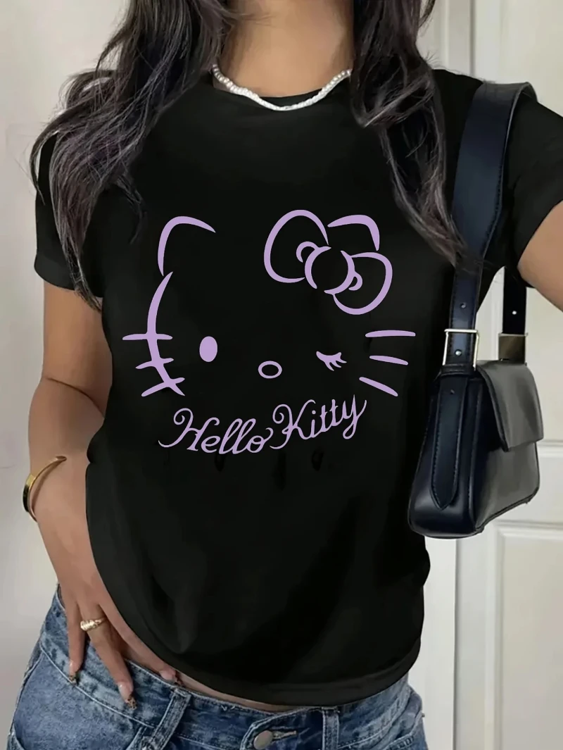 

Sanrio Cartoon Pattern Printed Round Neck T-shirt Top with Hello Kitty Pattern Printed Women's Summer and Autumn Short Sleeves