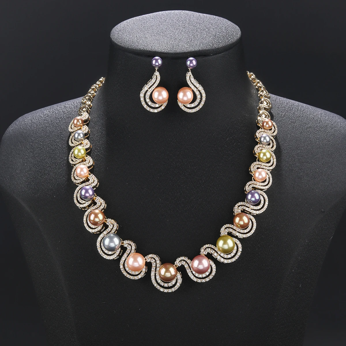 Luxury Colors  Pearl Necklace Earring Set White Cubic Zirconia Wedding Bridal Party Jewelry Sets For Women CN11356