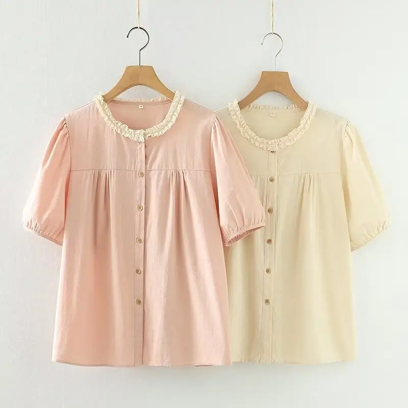 New Summer Cotton Short Sleeve Ruched Neck Solid Color Tops Mori Girl Casual Sweet Loose Retro Blouse 2024 Autumn T46441QM