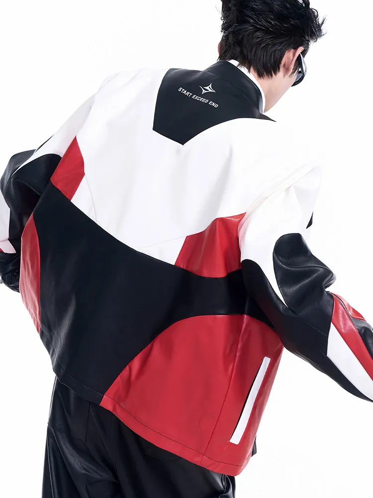 2026 Spring Autumn Y2K Biker Style Men Red Blue PU Leather Jacket Stand Collar Zip Up Motorcycle Jacket Daily Streetwear